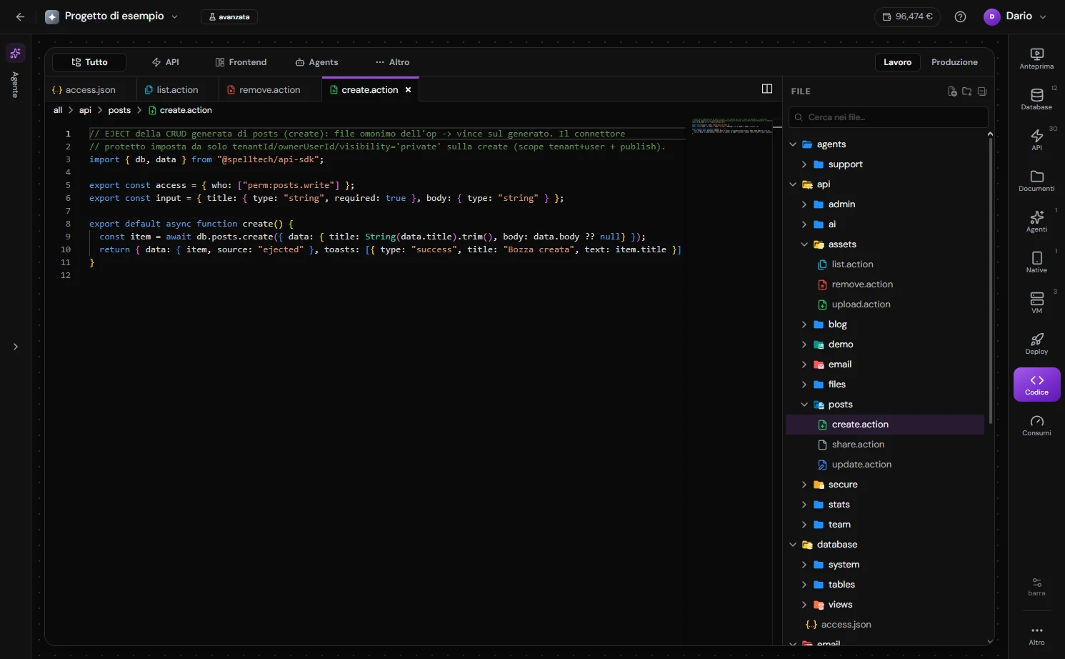 La sezione Codice dello Studio: il workbench in stile VS Code con l'editor a sinistra, l'albero dei file sul bordo destro, un paio di schede aperte e il selettore di zona (Tutto | server/ | client/ | agents/ | repos/ | tests/ | Altro) nella barra in cima.