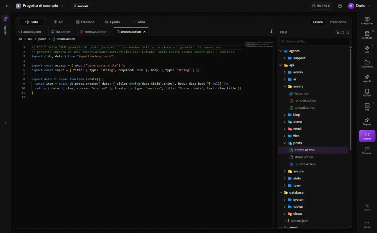 La sezione Codice dello Studio: il workbench in stile VS Code con l'editor a sinistra, l'albero dei file sul bordo destro, un paio di schede aperte e il selettore di zona (Tutto | server/ | client/ | agents/ | repos/ | tests/ | Altro) nella barra in cima.