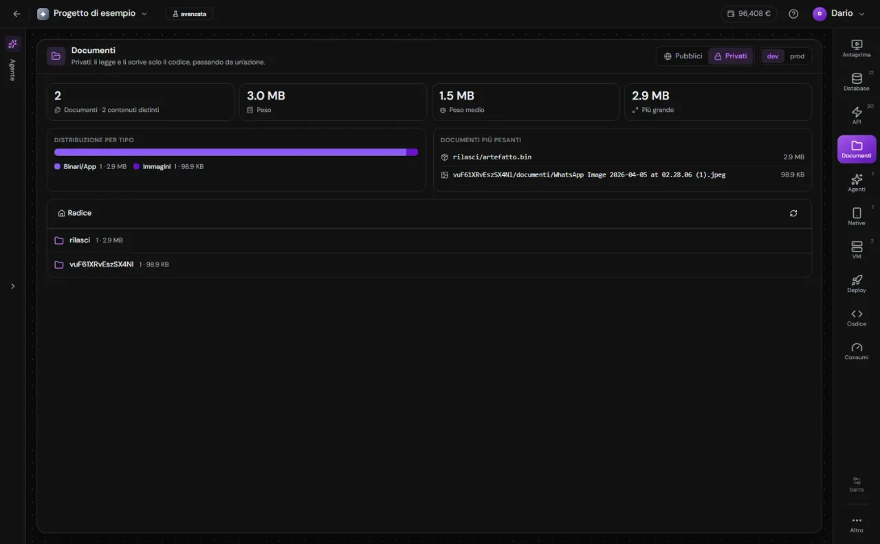 La sezione Documenti dello Studio: in cima la panoramica d'uso — quanti documenti, quanto pesano, la distribuzione per tipo e i più pesanti — e sotto il browser a cartelle, con lo scambio fra pubblici e privati.
